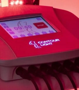 medical-grade red light therapy device, contour light system, on with red lights activated