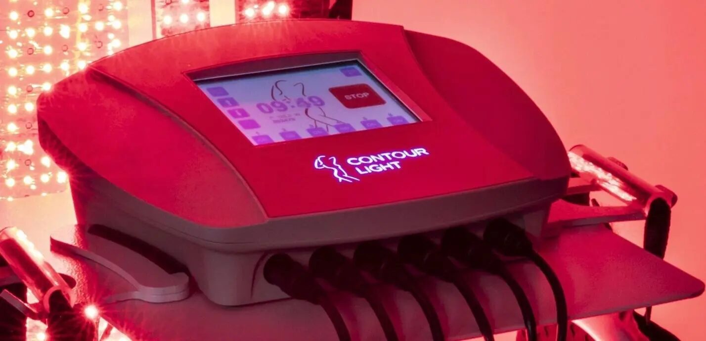 medical-grade red light therapy device, contour light system, on with red lights activated